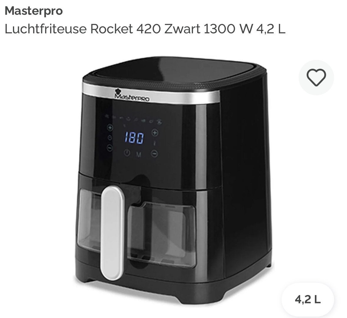 Luchtfriteuse Masterpro Rocket 420 Zwart 1300 W 4,2 L, Witgoed en Apparatuur, Airfryers, Nieuw, Airfryer, 750 t/m 999 gram, Ophalen of Verzenden