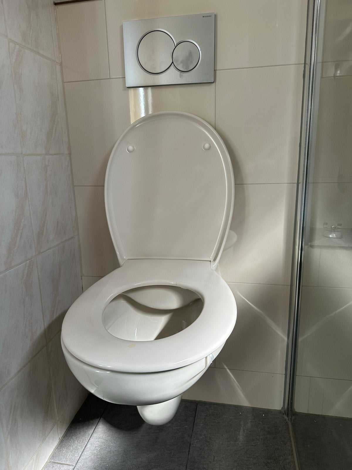 Wandcloset met inbouwreservoir en bedieningspaneel, Ophalen, Gebruikt, Chroom, Toilet