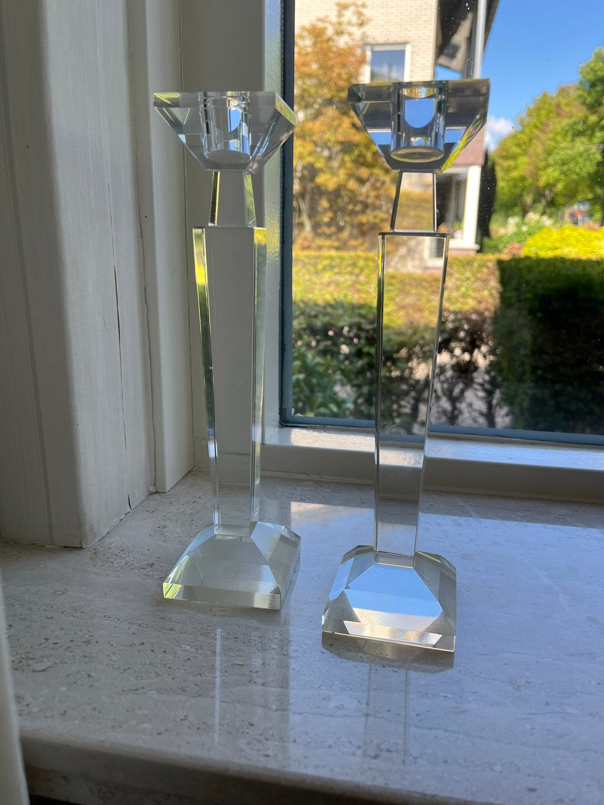 Set van 2 glazen kandelaars, Ophalen of Verzenden, Zo goed als nieuw, Glas, Kandelaar