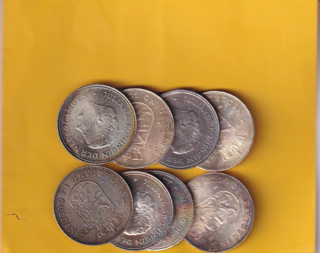 8 Zilveren Koningin Juliana Tientjes met Patina  Divers, Koningin Juliana, Zilver, 10 gulden, Verzenden