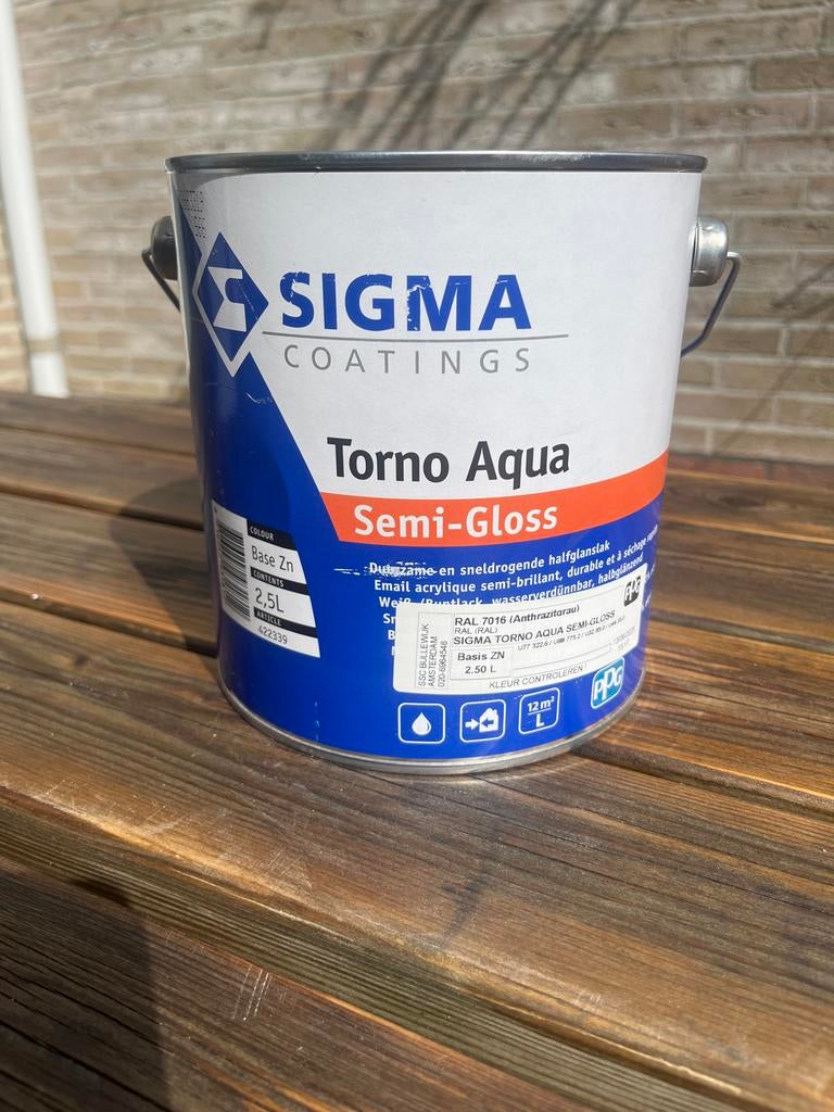 Torno Aqua Semi-Gloss 2,5L RAL 7016, Doe-het-zelf en Verbouw, Verf, Beits en Lak, Nieuw, Ophalen of Verzenden, Lak, Grijs