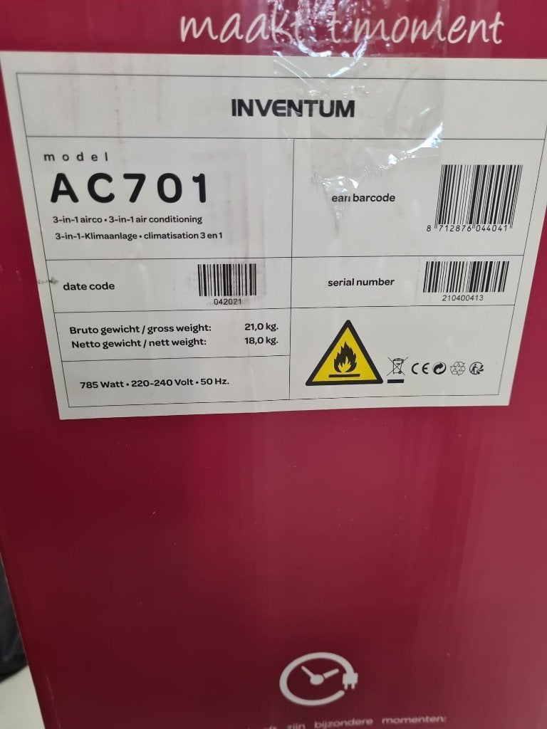 Inventum AC701 mobiele airco – weinig gebruikt – 7000 BTU, Ophalen, Minder dan 60 m³, Timer, 3 snelheden of meer