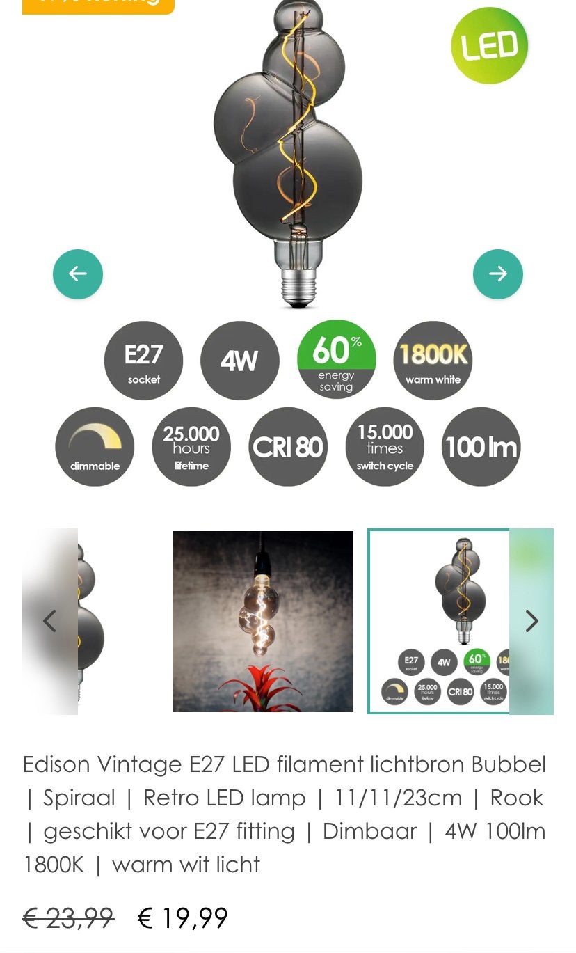 1,2,3 of 4 Edison Vintage LED filament bubbel/spiraal rook, Huis en Inrichting, Led-lamp, Overige lichtkleuren, Zo goed als nieuw