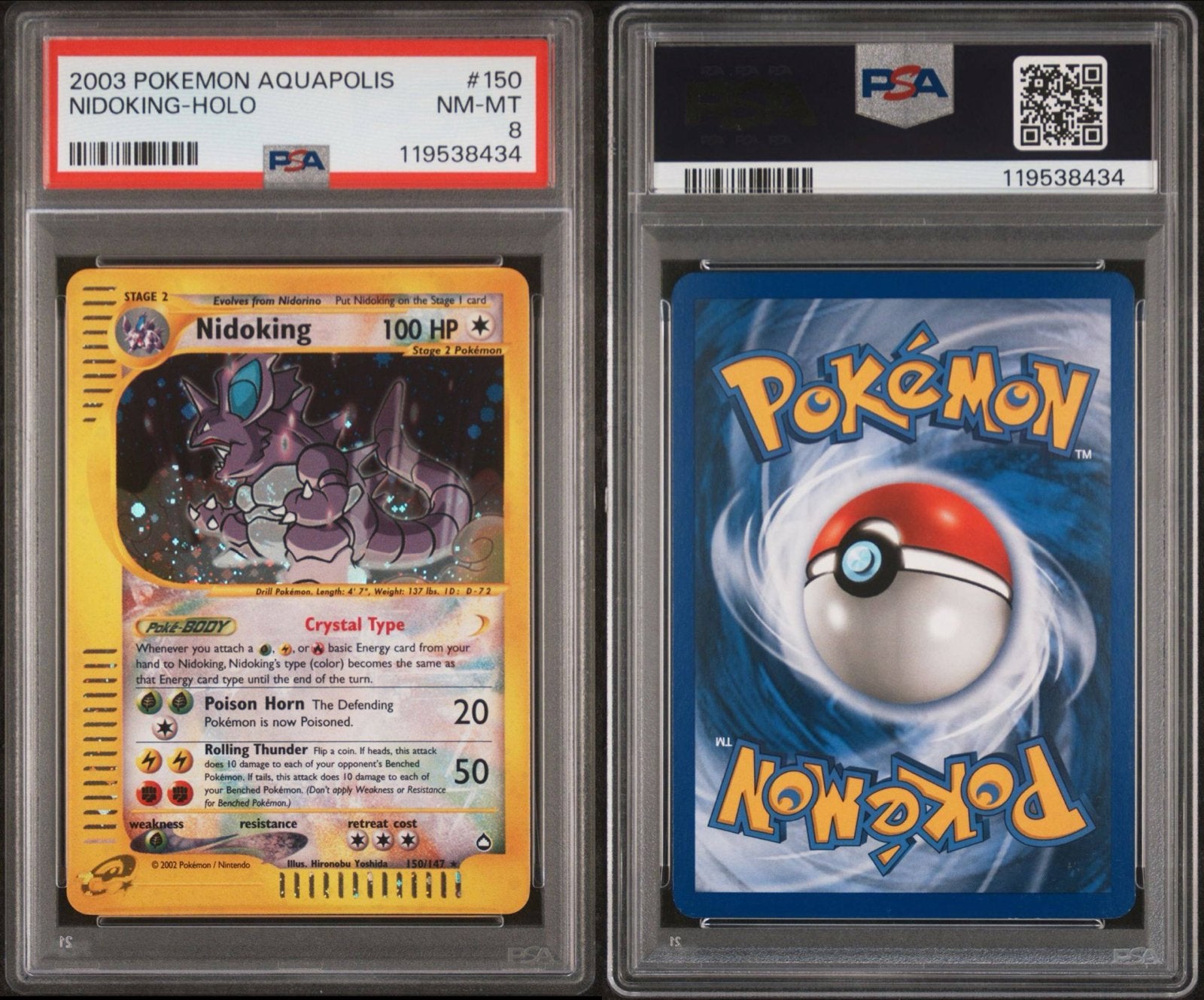 Nidoking | Aquapolis | Crystal secret holo | PSA8 Near Mint, Ophalen, Zo goed als nieuw, Losse kaart, Foil