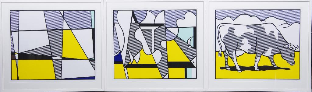 Roy Lichtenstein Lithografiën "Tryptychon"Cow Going Abstract, Antiek en Kunst, Kunst | Litho's en Zeefdrukken, Ophalen of Verzenden