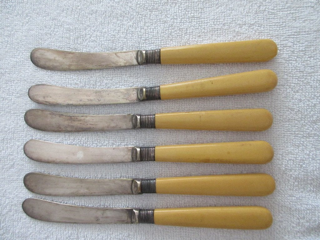 6 Fruit/botermesjes met zilveren manchet sheffield 1910., Antiek en Kunst, Antiek | Goud en Zilver, Ophalen of Verzenden, Zilver