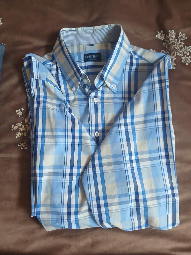 Blauw/Wit/Grijs Geruit Overhemd. Katoen. XL 43/44, John Cabot, Gedragen, Halswijdte 43/44 (XL), Verzenden
