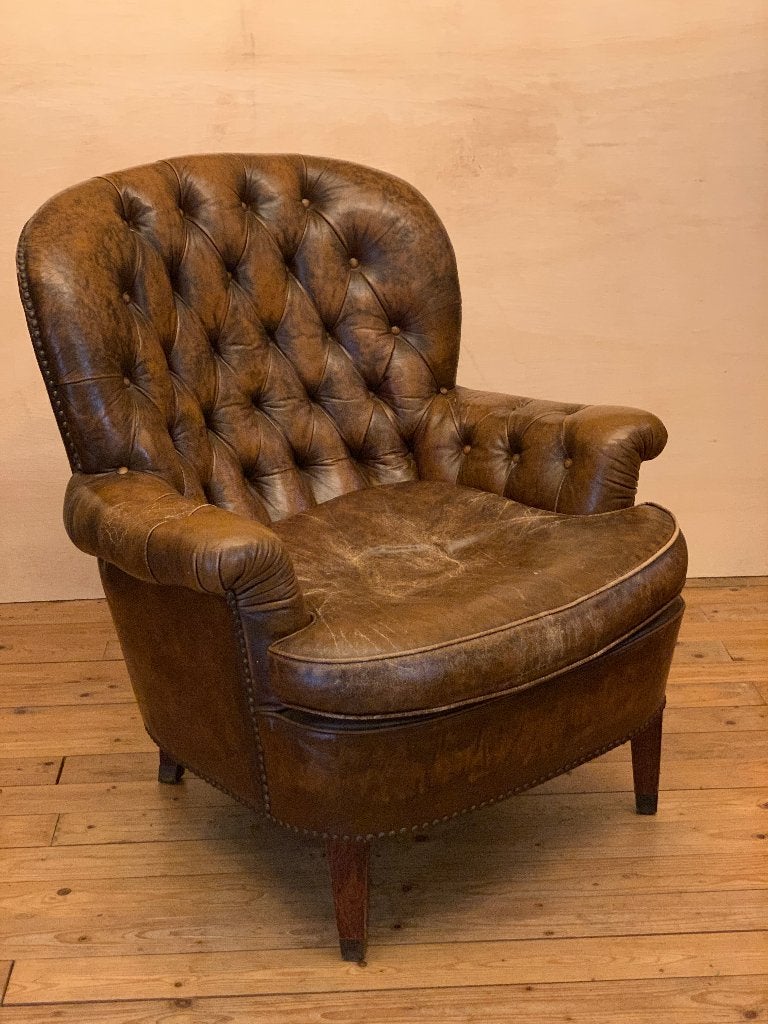 Retro Vintage leren Chesterfield fauteuil, Huis en Inrichting, Fauteuils, Ophalen, Gebruikt, Chesterfield oud Engels, 75 tot 100 cm