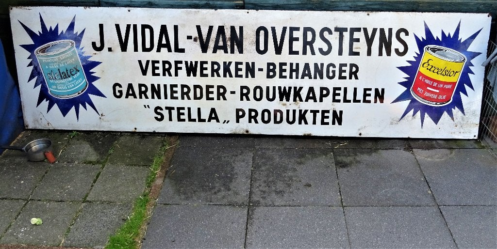 Emaille Reclamebord J. Vidal – van Oversteyns Verfwerken, Antiek en Kunst, Ophalen