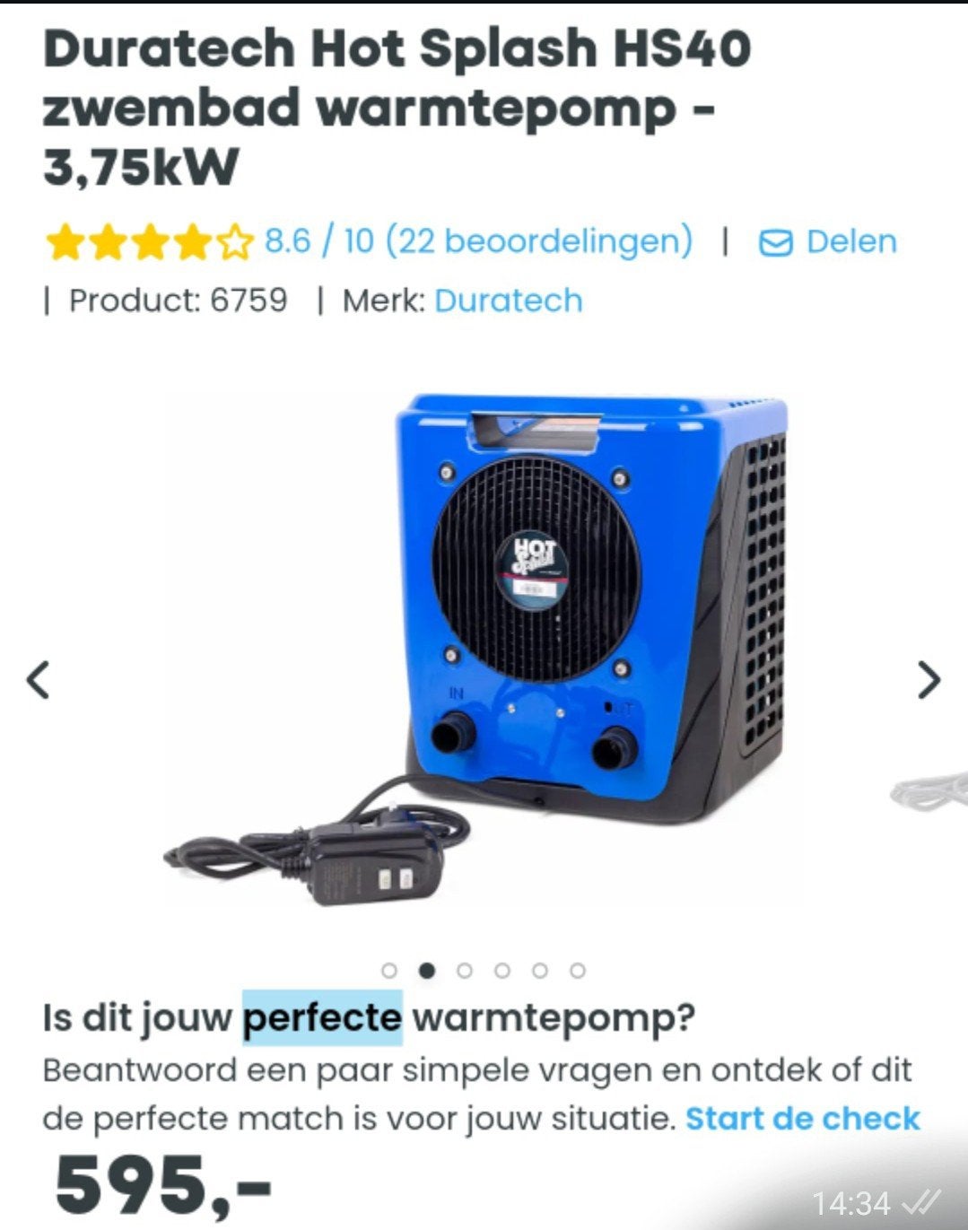 Duratech Hot Splash HS40 zwembad warmtepomp - 3,75kW, Ophalen of Verzenden, Zo goed als nieuw, Verwarming