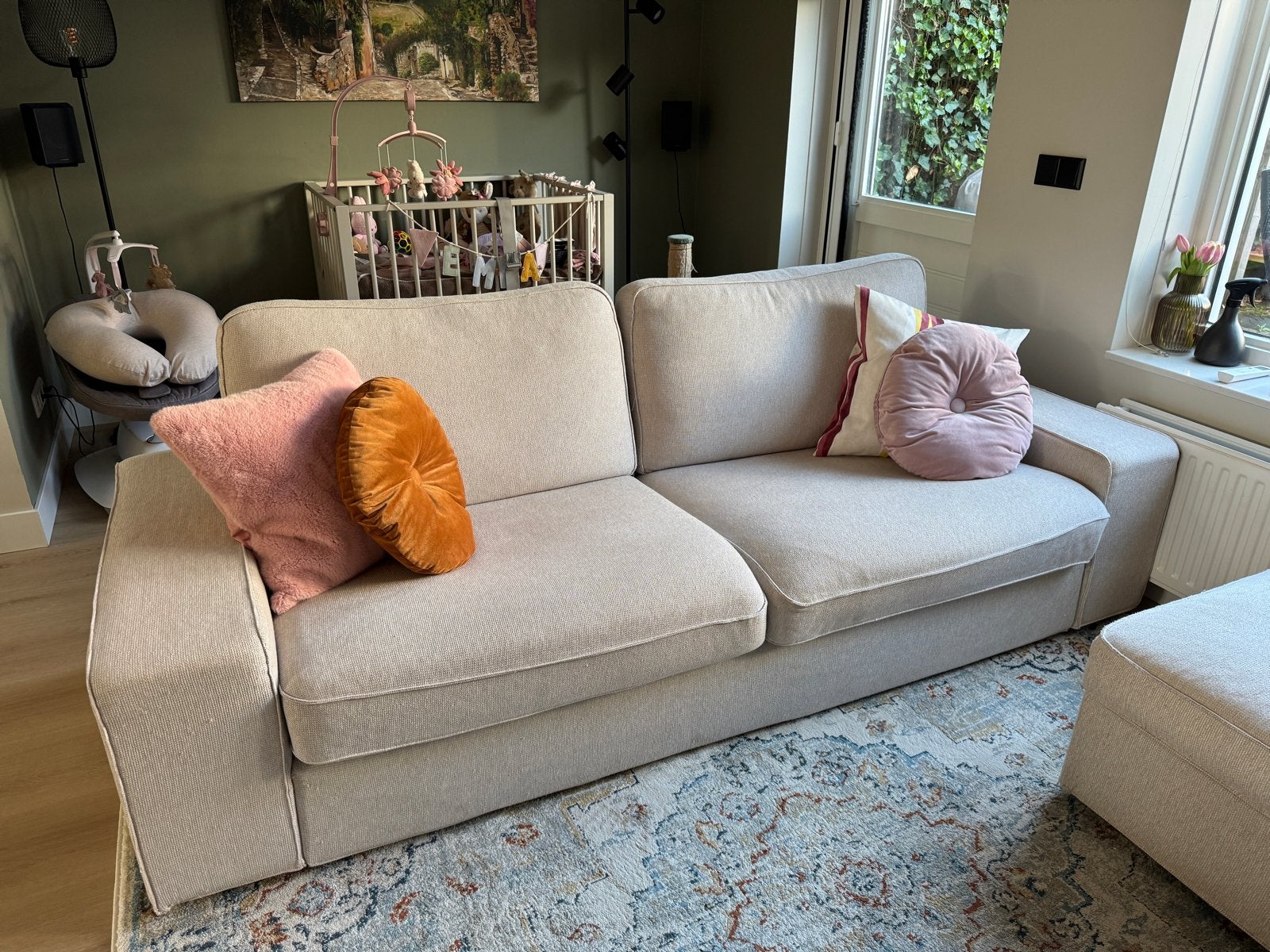 IKEA Kivik 3-zits bank met hocker Tresund beige, Ophalen, Gebruikt, Driepersoons, 75 tot 100 cm