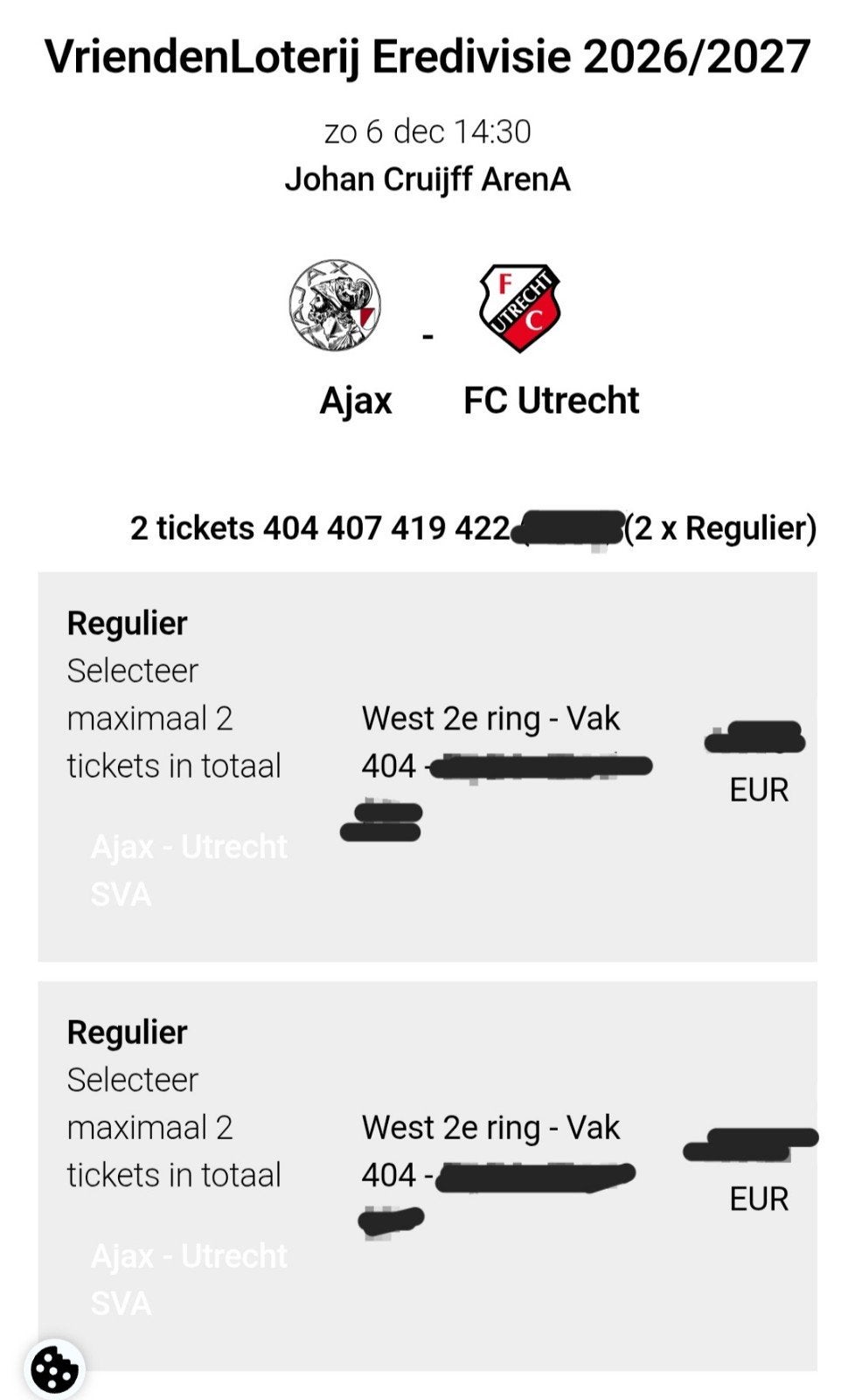 Ajax - FC Utrecht 2 tickets naast elkaar lange zijde, Tickets en Kaartjes, Losse kaart, Twee personen, December