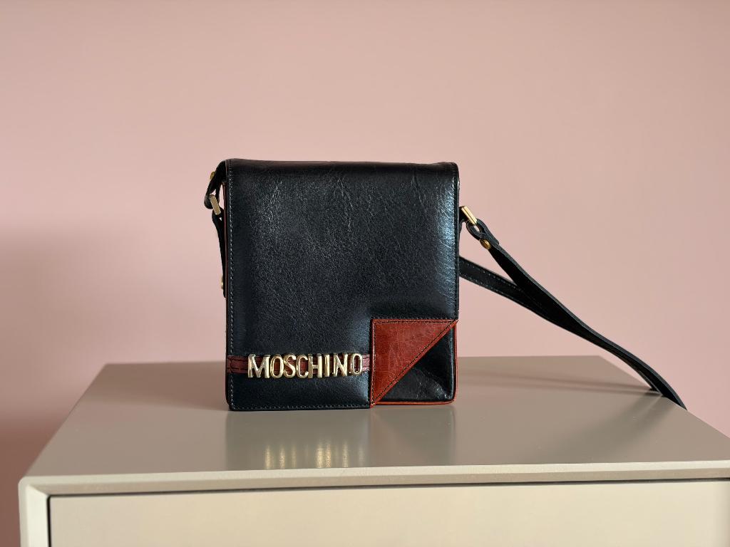 Vintage crossbody Tas – Zwart & Bruin (Moschino Stijl), Ophalen of Verzenden, Gebruikt, Zwart, Schoudertasje