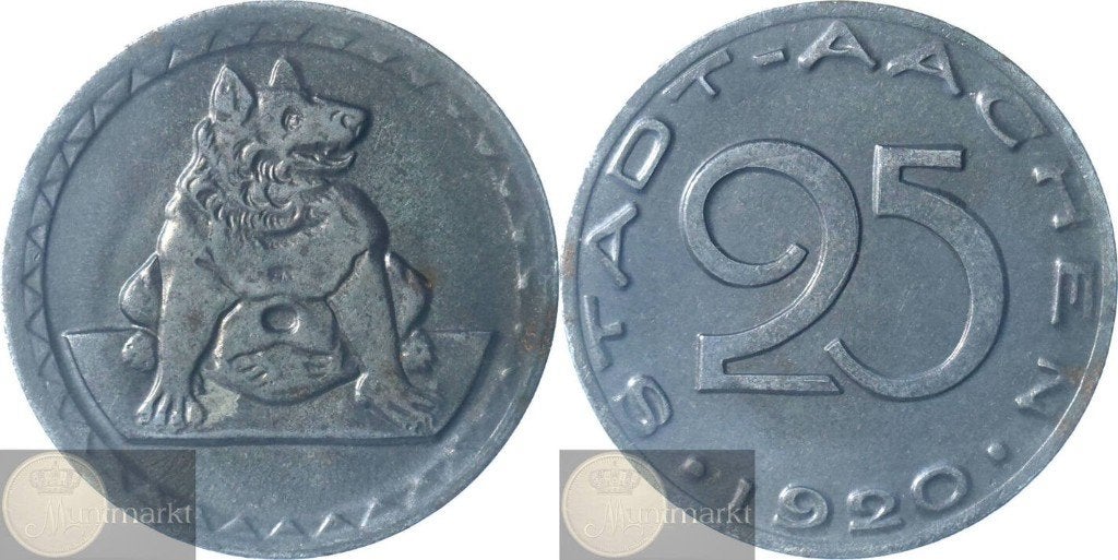 Duitsland - Stad Aachen Noodgeld 25 Pfennig 1920 'Streepje', Ophalen of Verzenden, Duitsland, Losse munt
