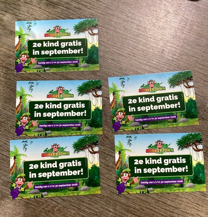 5 vrijkaartjes voor Monkeytown kortingskaart cadeaukaart, Tickets en Kaartjes, Drie personen of meer, Kortingsbon, Overige typen