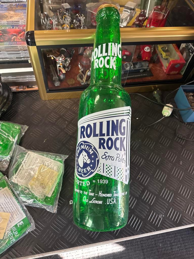 Grote opblaasbare Rolling Rock bierfles - 60 cm, Verzamelen, Biermerken, Zo goed als nieuw, Reclamebord, Plaat of Schild, Overige merken