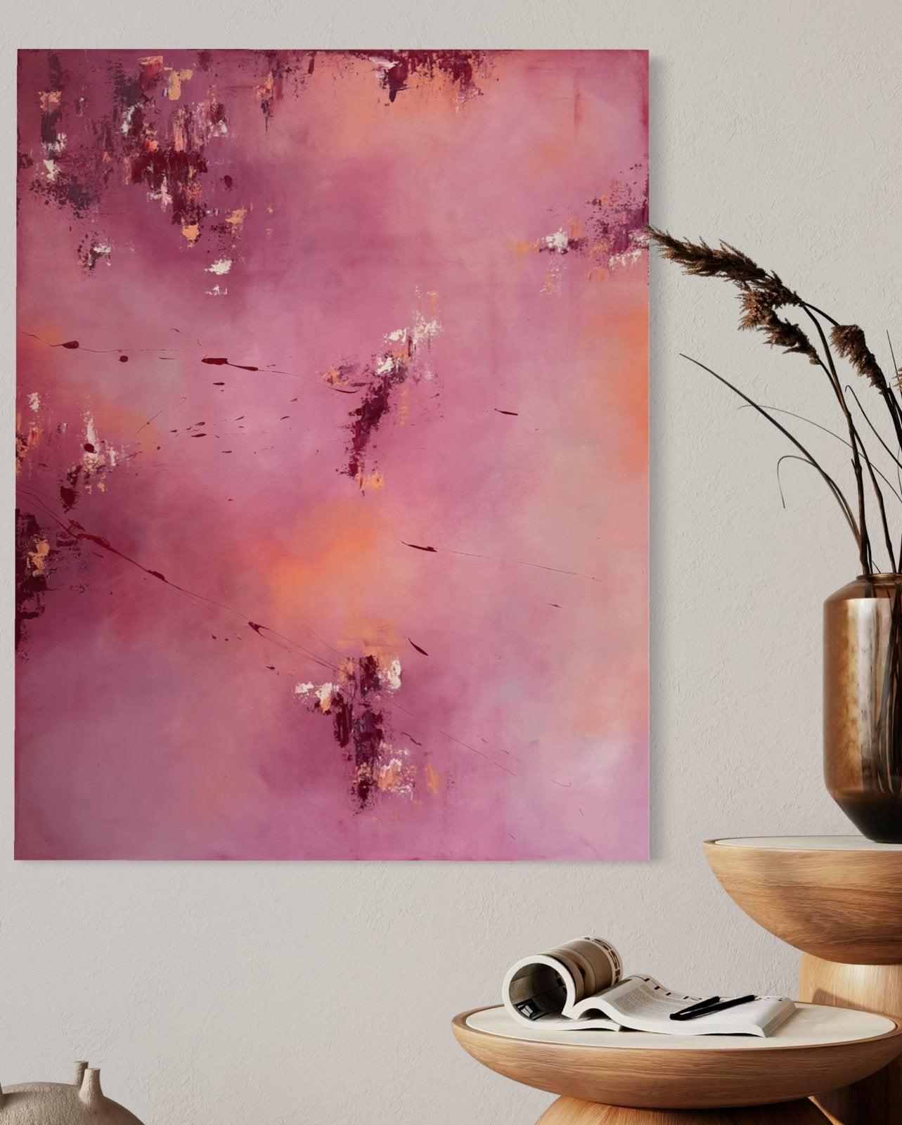 Abstract schilderij | Bordeaux, oudroze & perzik | 90x70 cm, Ophalen of Verzenden