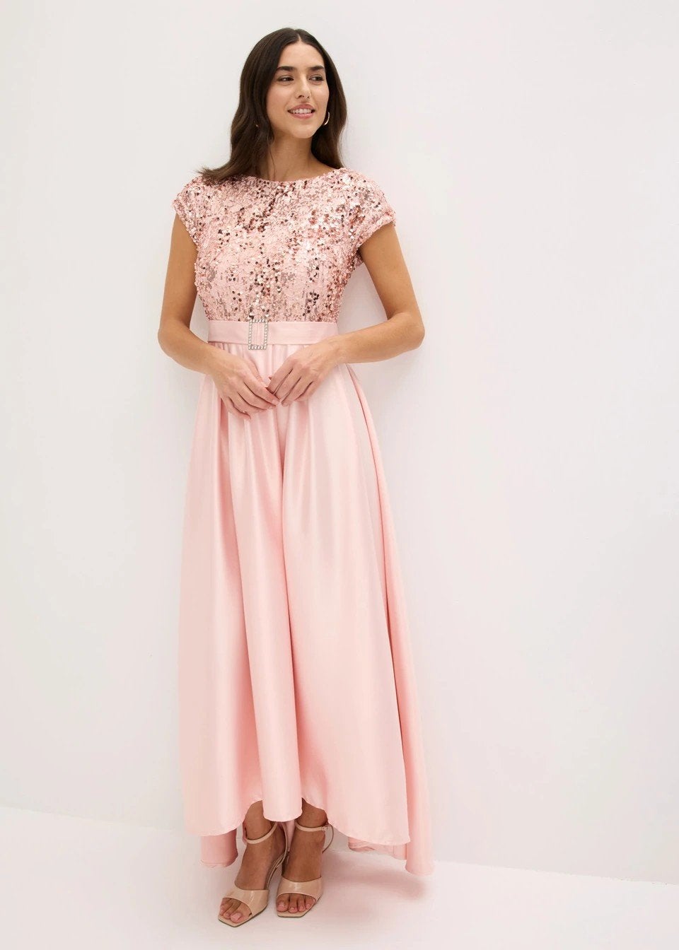 Roze Galajurk met Pailletten en Riem, Kleding | Dames, Jurken, Maat 38/40 (M), Ophalen of Verzenden, Zo goed als nieuw, Roze