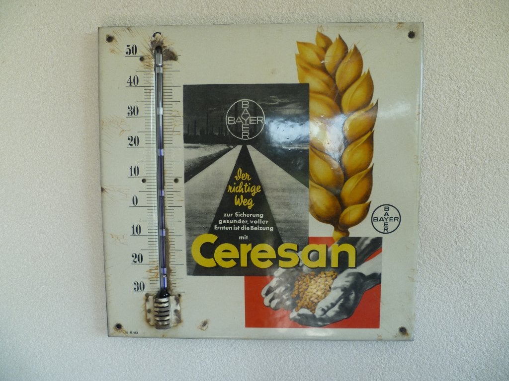 EMAILLE RECLAMETHERMOMETER"BAYER CERESAN"UIT 1983, Verzamelen, Ophalen of Verzenden, Gebruikt, Reclamebord