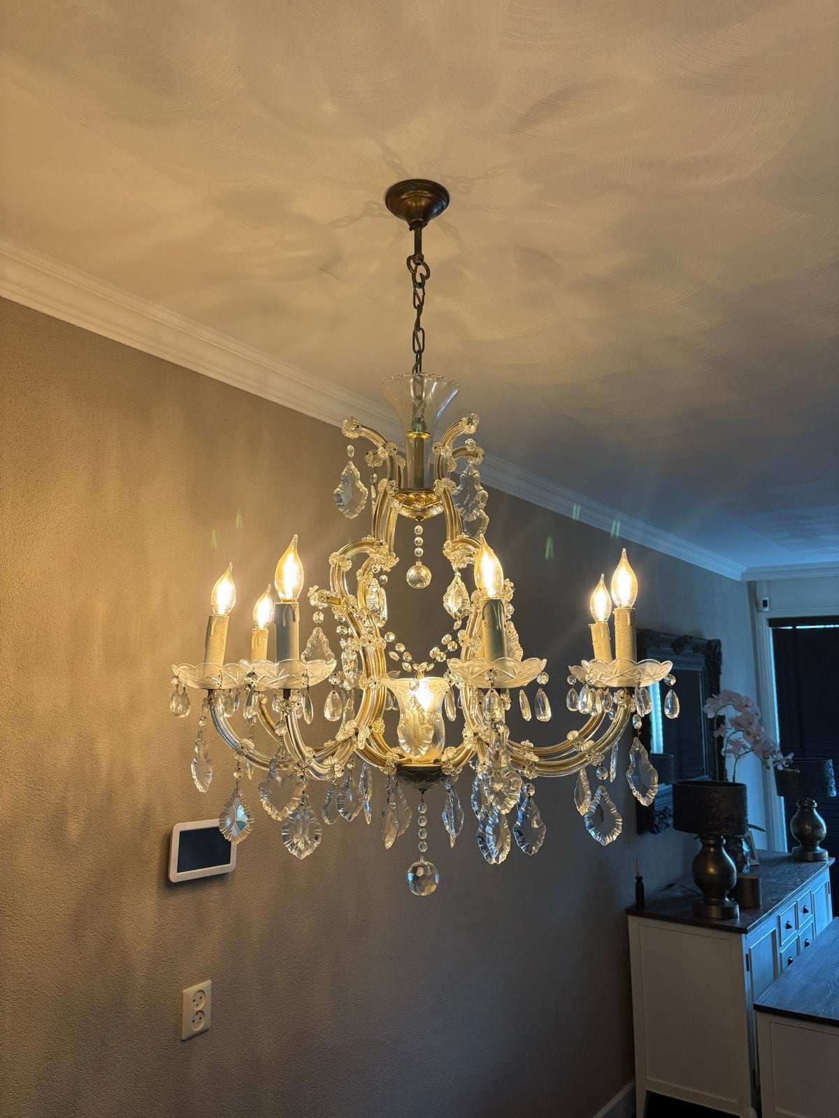 Antieke kroonluchter met 9 lichtpunten en kristallen, Ophalen, Gebruikt, Glas, E14 (klein)