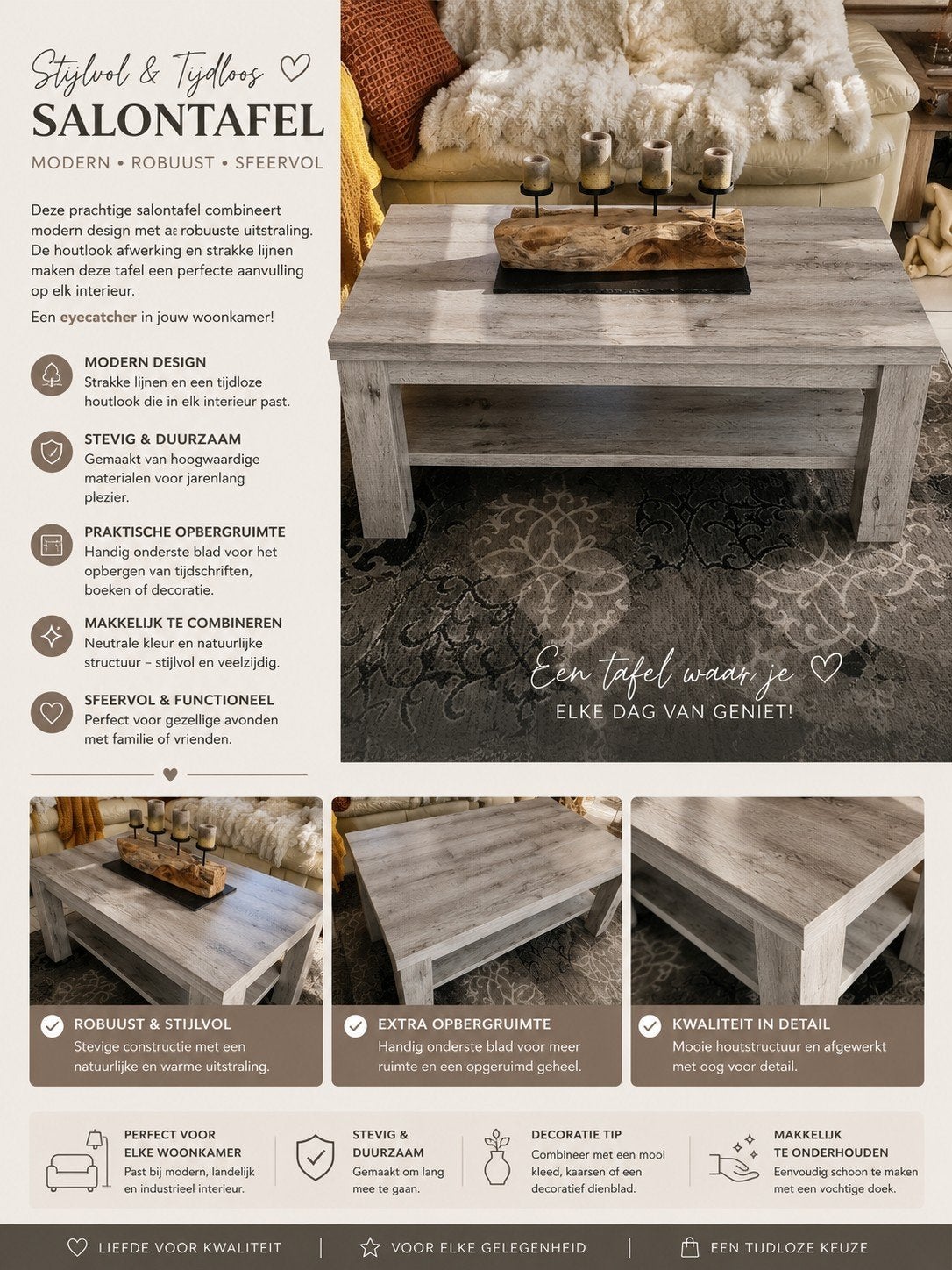 Moderne salontafel in lichte eikenkleur met onderblad, 100 tot 150 cm, Zo goed als nieuw, Modern, Landelijk, Industrieel, Overige houtsoorten