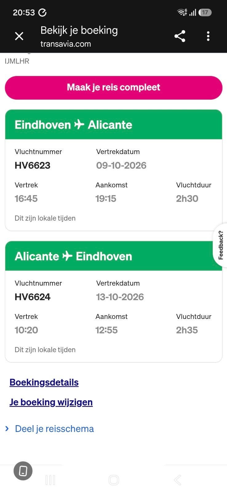 2 vliegtickets Eindhoven-Alicante v.v., Twee personen, Vliegtuig, Met bestemming of datum