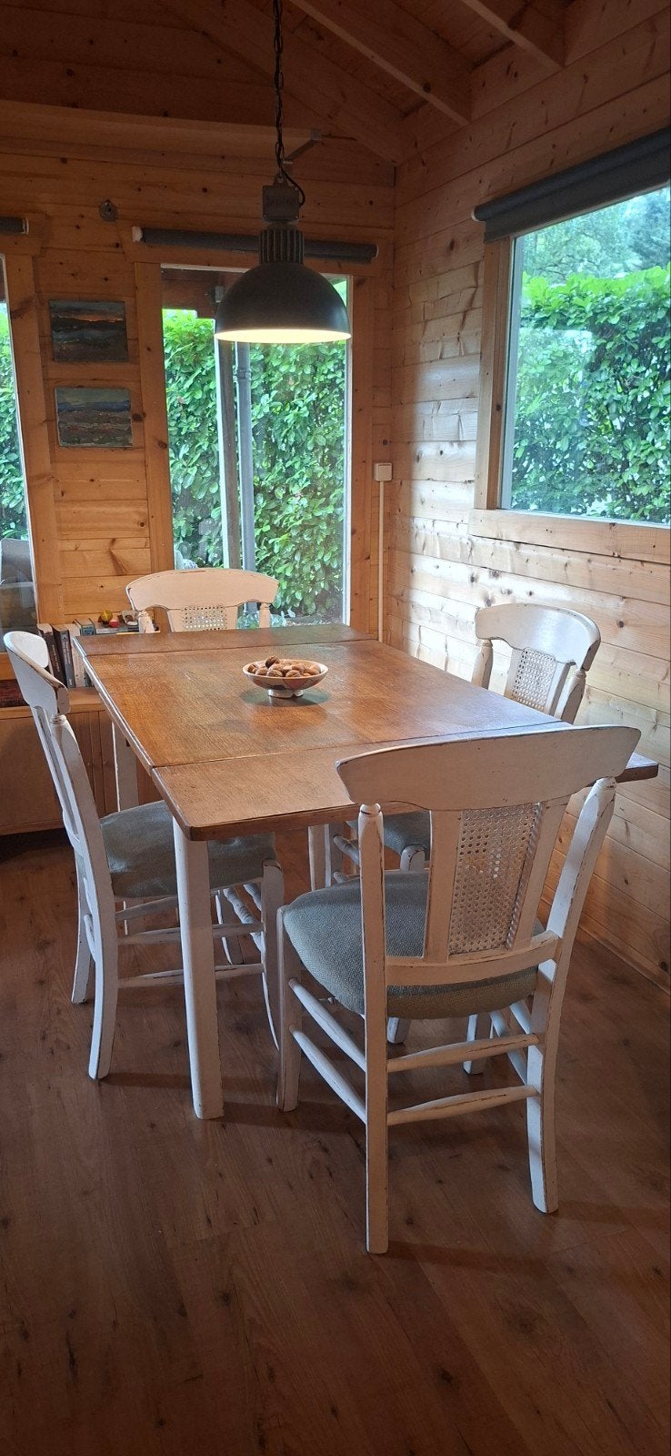 Brocante eettafel + stoelen, Ophalen, Gebruikt, 4 tot 6 stoelen