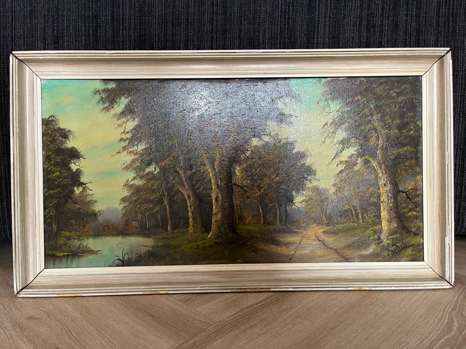Schilderij: Boslandschap met water en pad, Antiek en Kunst, Kunst | Schilderijen | Klassiek, Ophalen, Doek, Realistisch, Gesigneerd