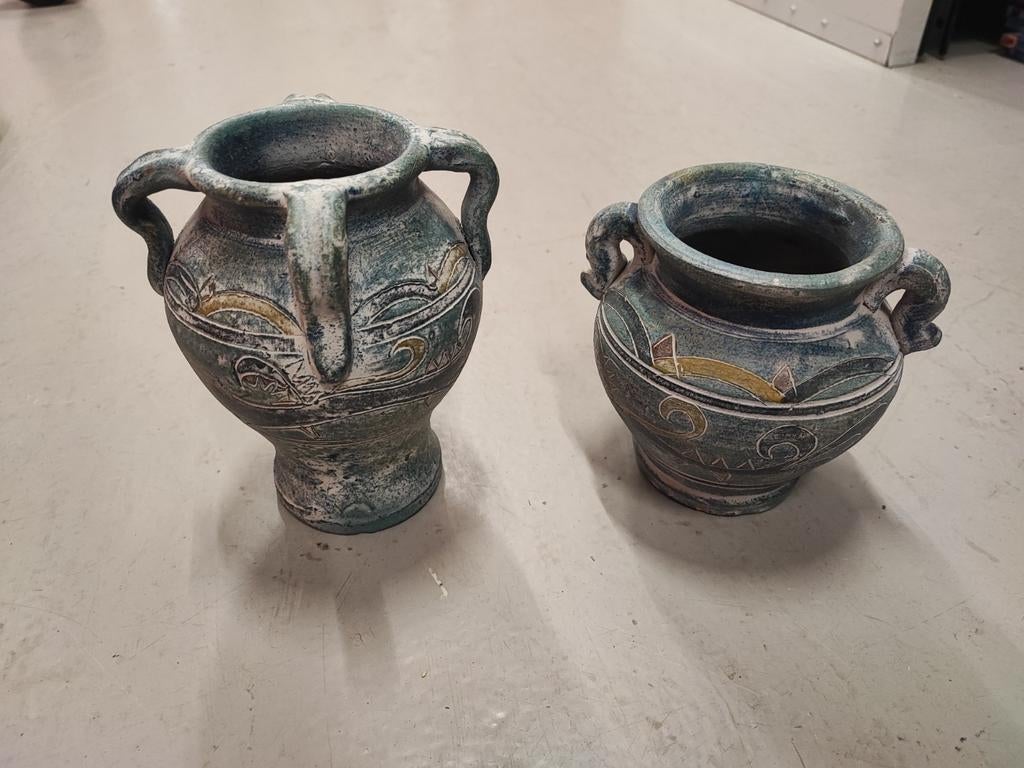 Decoratieve vazen set - Groen/Blauw met handvatten, Antiek en Kunst, Ophalen of Verzenden
