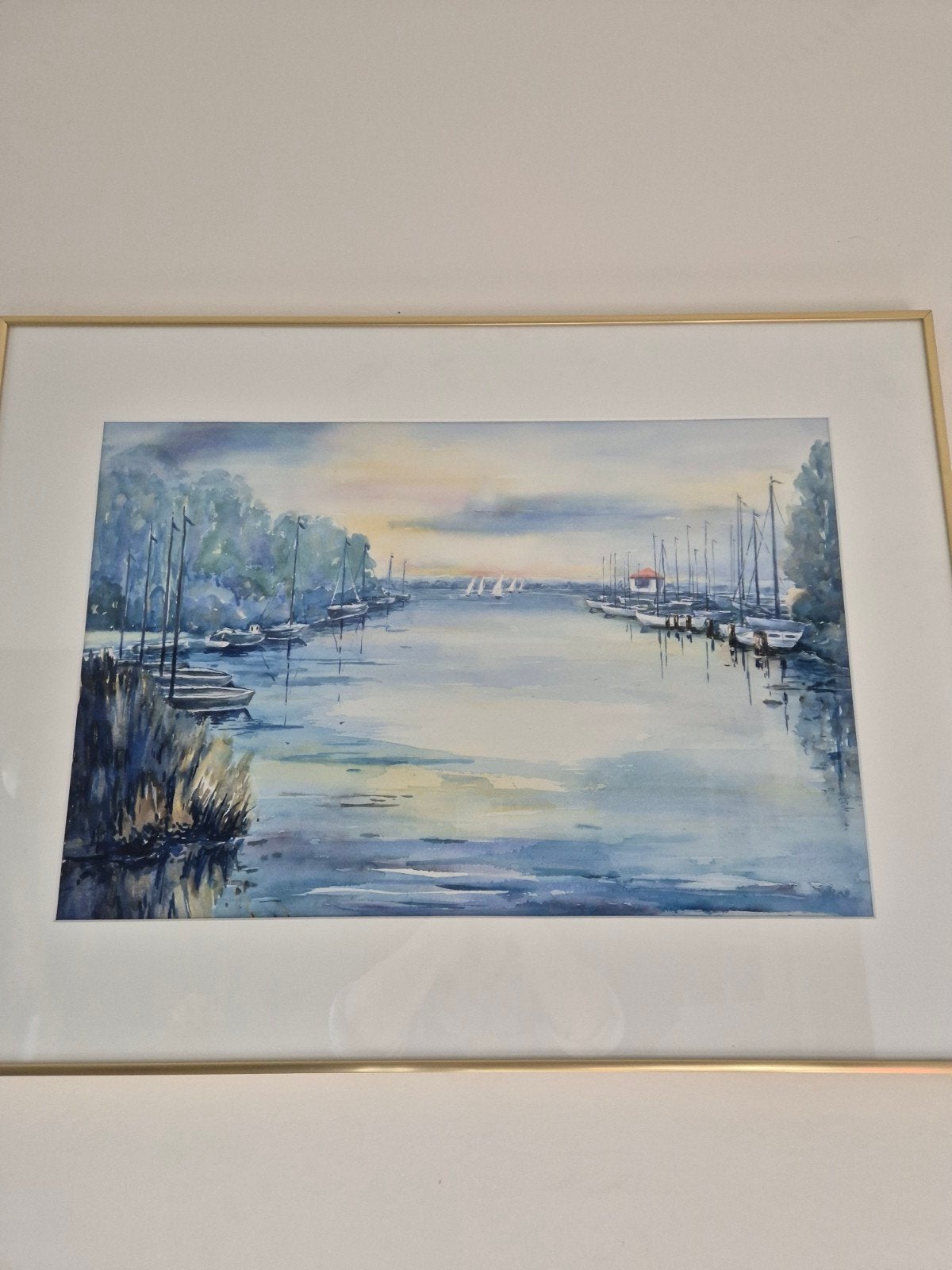 Sfeervolle aquarel van een jachthaven bij zonsondergang, Maritiem / water, Realistisch, Aquarel, Papier