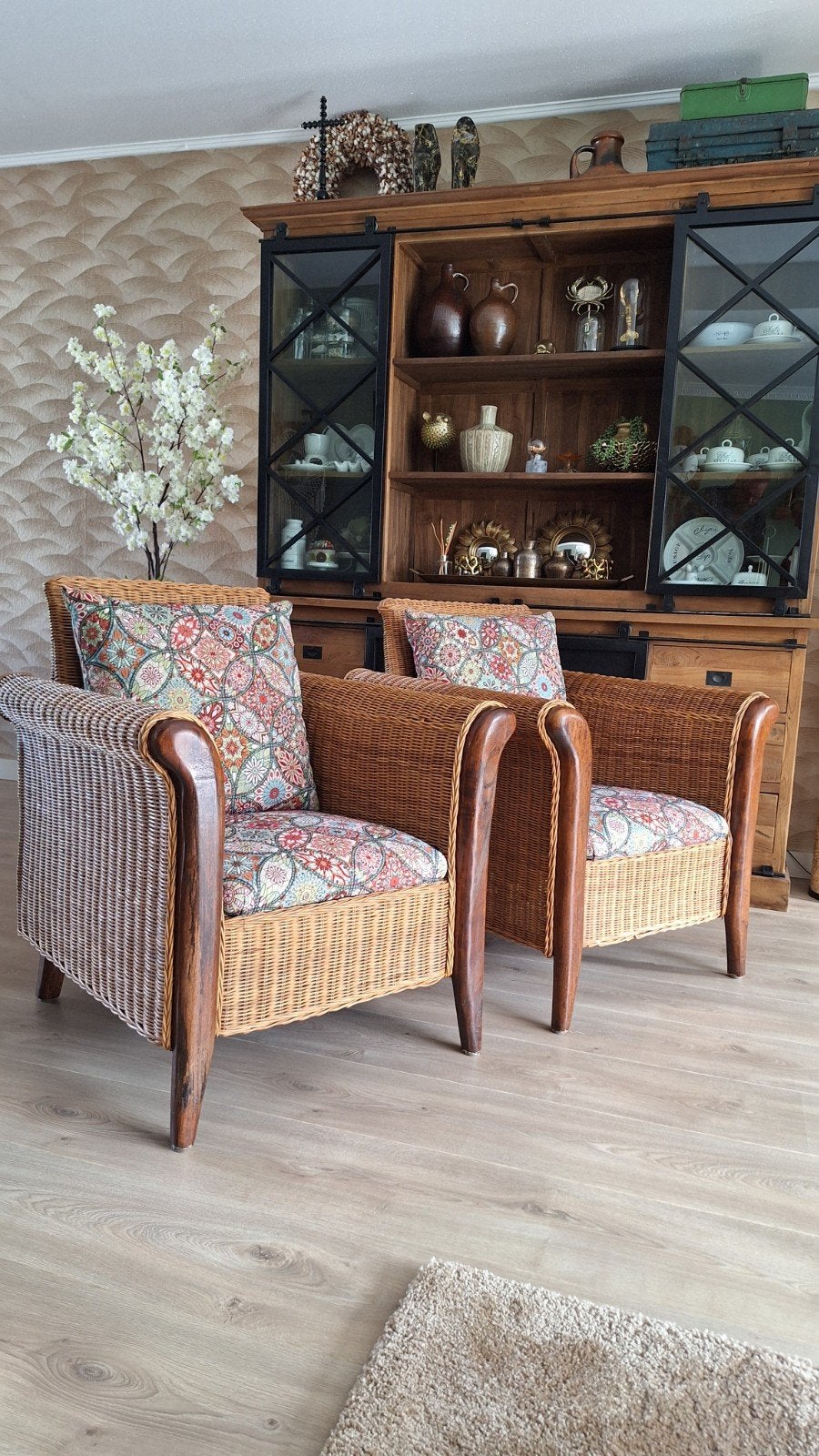 Vintage rotan bohemian kubus fauteuils stoelen, Ophalen, Gebruikt, 75 tot 100 cm, Stof