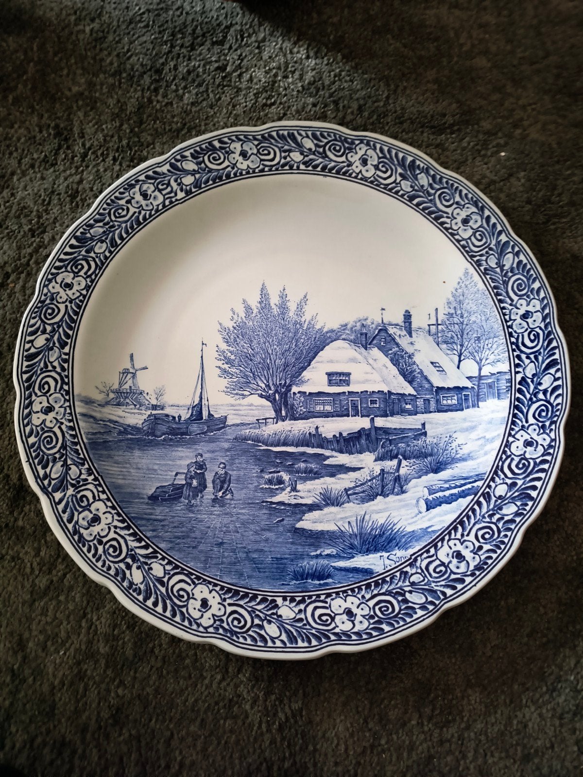 Delfts Blauw Wandbord - Schaatsers op het ijs, Ophalen