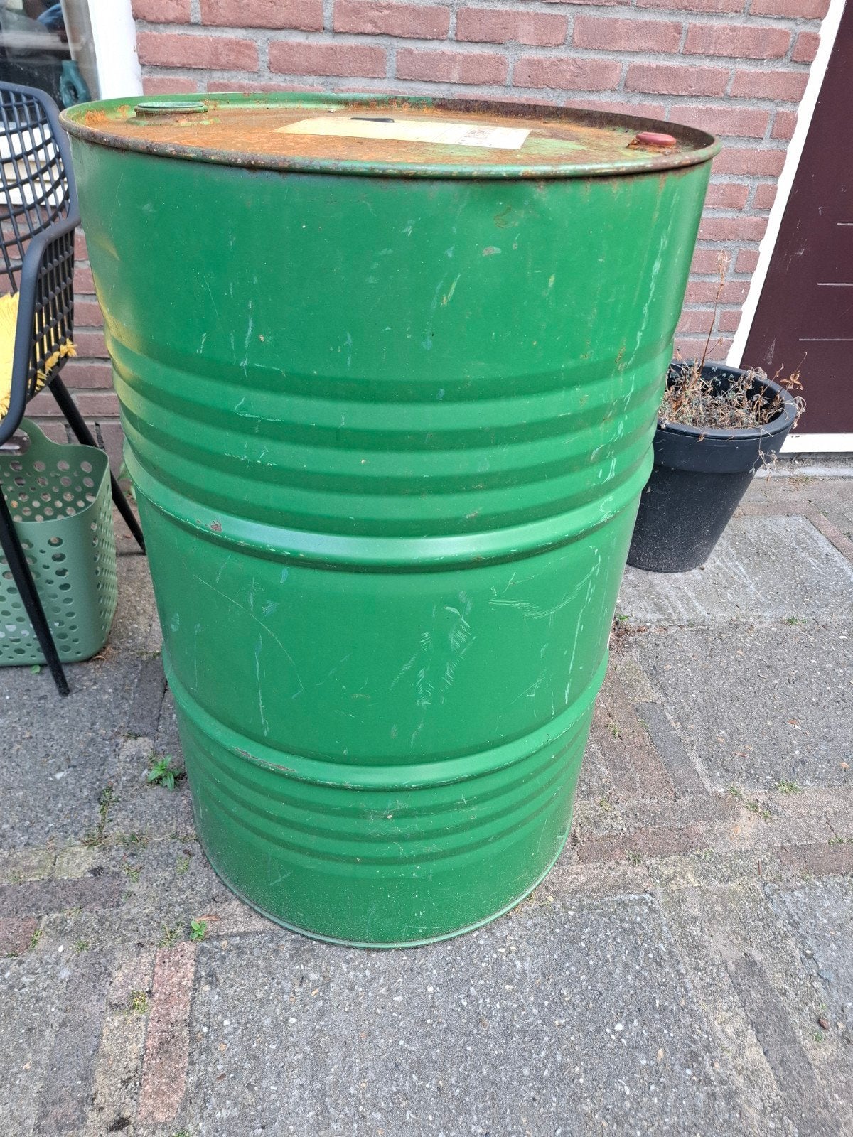 Groen metalen vat - Ideaal voor decoratie of opslag, Ophalen of Verzenden, Gebruikt