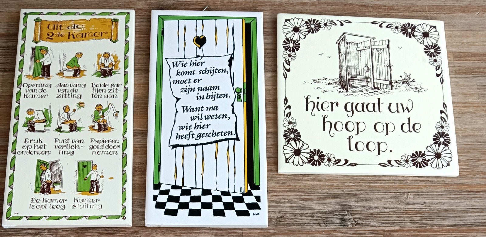 Set van 3 Vintage Toilet Spreuk Tegels - Humor, Ophalen of Verzenden