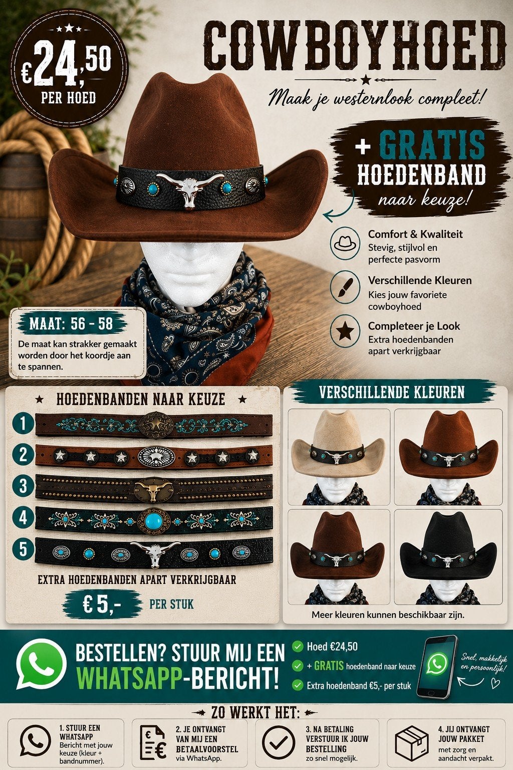 Cowboy western hoeden met band naar keuze b, Kleding | Heren, Hoeden en Petten, Hoed, Nieuw, Ophalen of Verzenden, 57 cm (M, 7⅛ inch) of minder