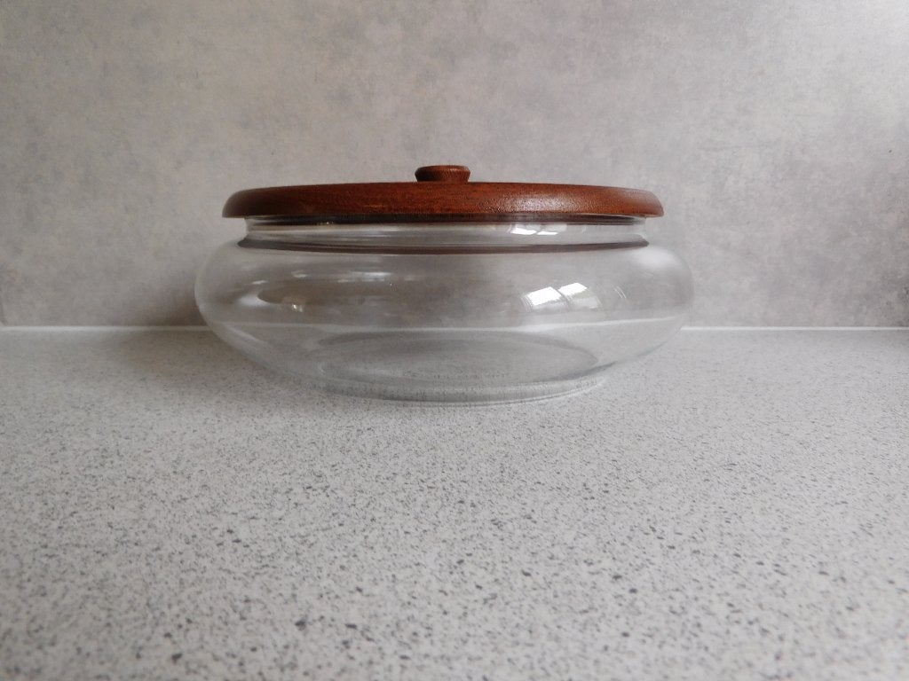 Glazen Koekschaal Houten deksel Jaques Boon by Leerdam, Ophalen of Verzenden