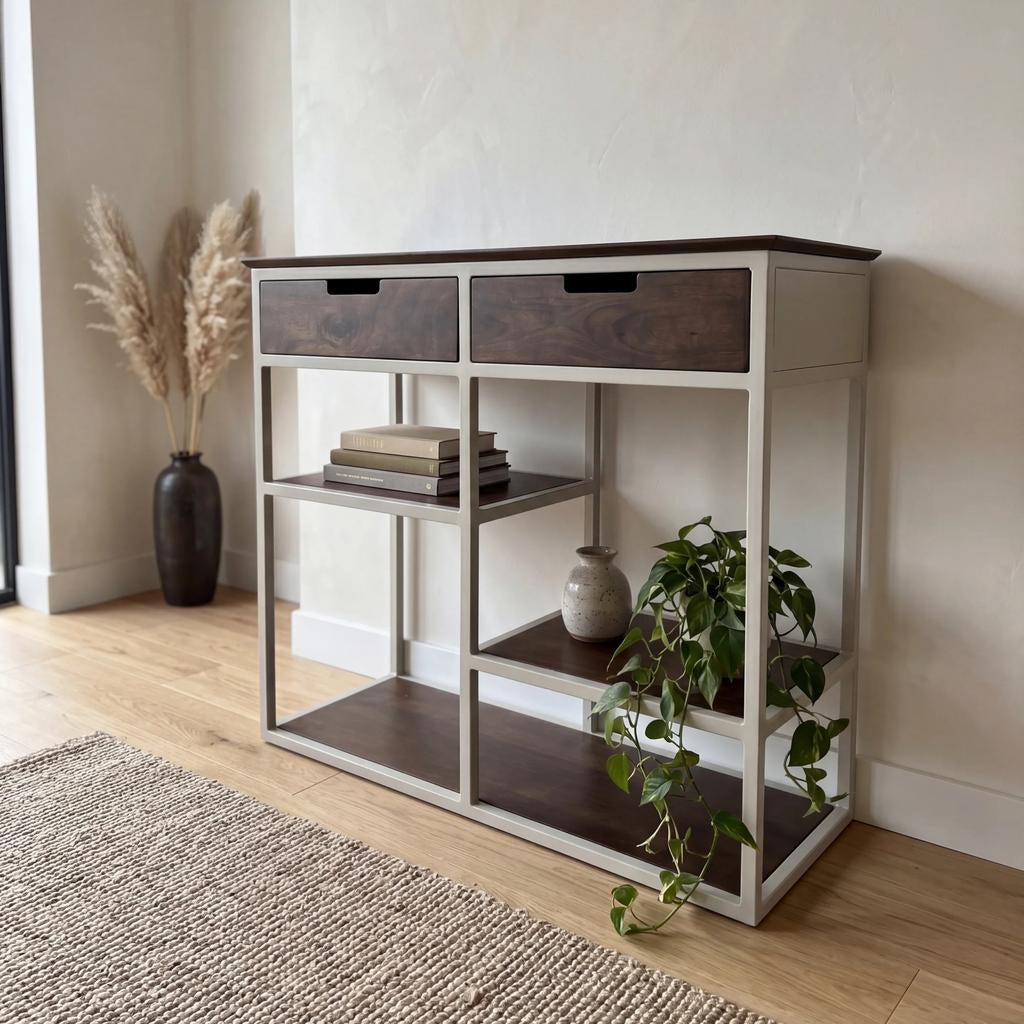 Wandkast mangohout & beige metaal - 2 lades, 3 planken, Huis en Inrichting, Kasten | Wandmeubels, ., Nieuw, Ophalen of Verzenden