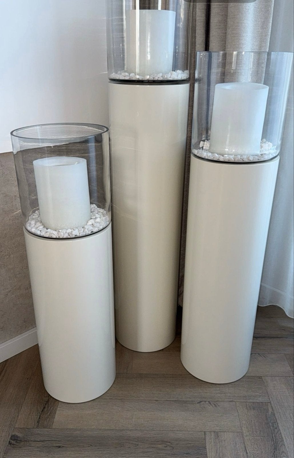 Set van 3 moderne kandelaars met glazen cilinder, Huis en Inrichting, Woonaccessoires | Kandelaars en Kaarsen, Ophalen, Zo goed als nieuw