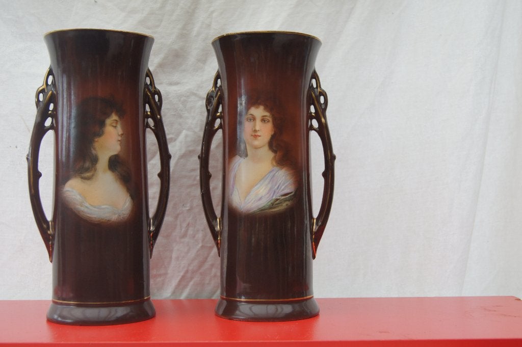 Antieke Art Nouveau Vazen met Vrouwenportretten, Ophalen of Verzenden