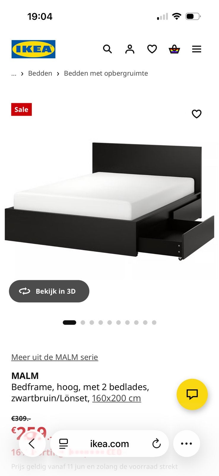IKEA Malm Bedframe Zwartbruin 160x200 cm met 2 lades, Huis en Inrichting, Slaapkamer | Bedden, Zo goed als nieuw, Tweepersoons