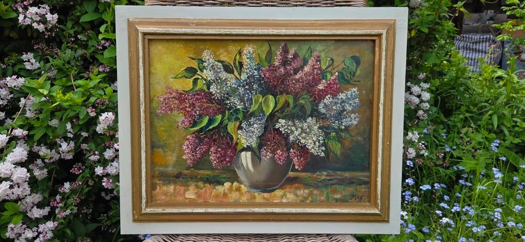 Stilleven met seringen op hout, Antiek en Kunst, Ophalen of Verzenden
