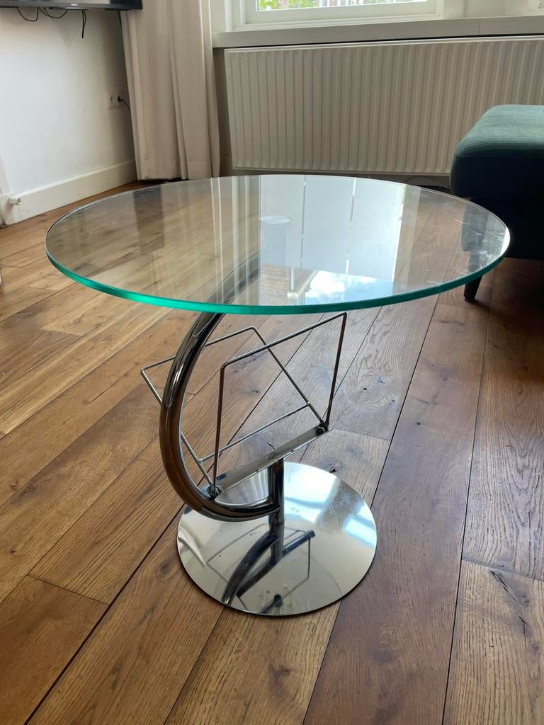 Glazen salontafel met chromen onderstel en tijdschriftenrek, Huis en Inrichting, Tafels | Salontafels, Ophalen, 50 tot 75 cm, Rond