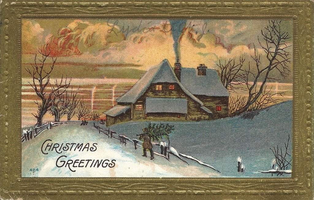 Kerst*Antiek*Goudopdruk*relief*Sneeuw landschap uit 1910, Verzamelen, Ophalen of Verzenden, Voor 1920, Gelopen, Feest(dag)