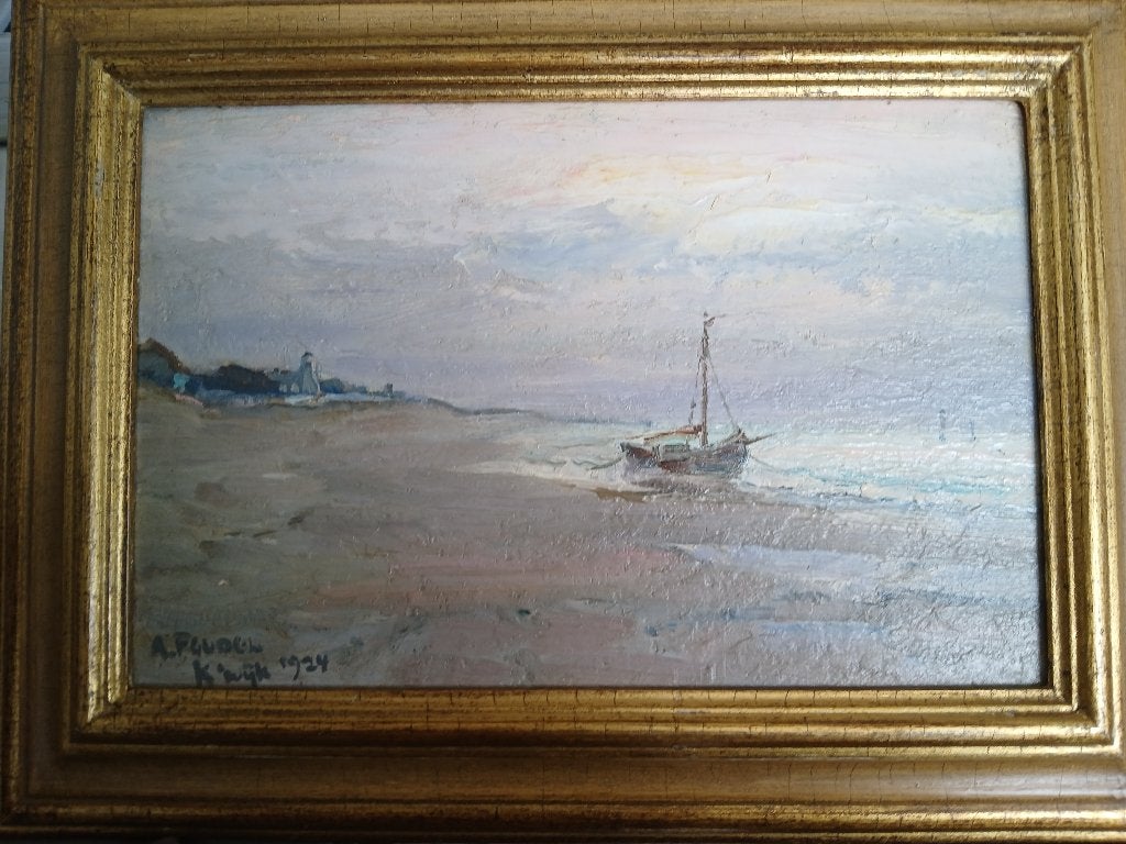 A. Feudel : Schilderij Strand en zeegezicht, Impressionistisch, Ophalen of Verzenden, Olieverf, Gedateerd