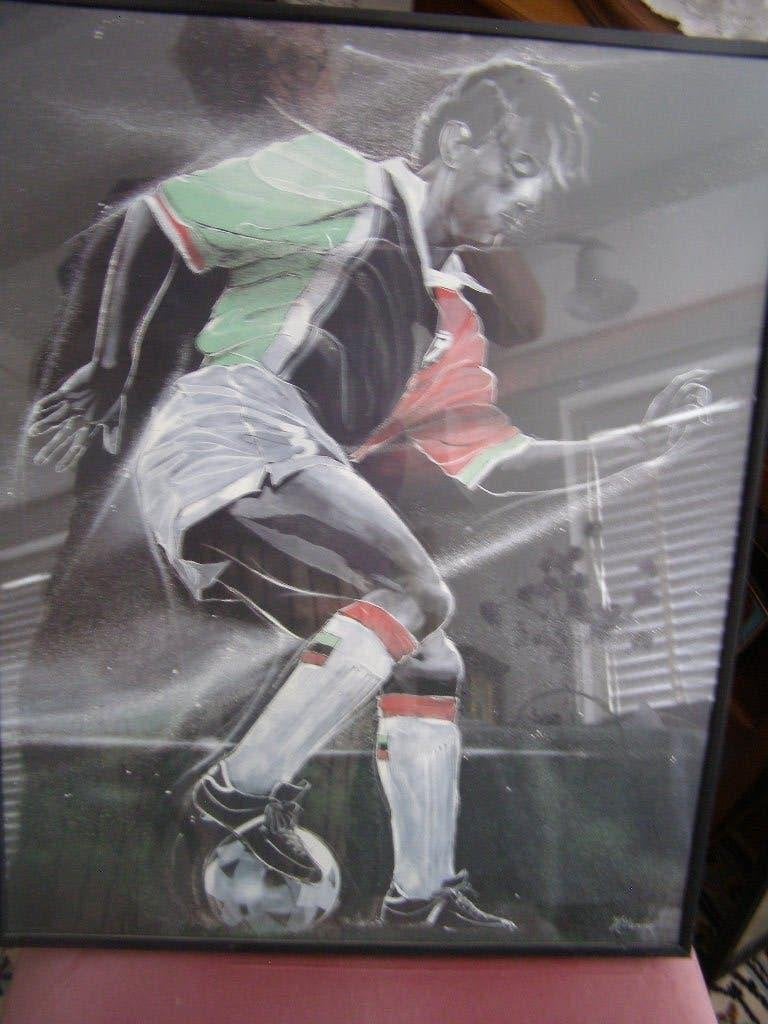 Voetballer afbeelding door J. Wiersma, ingelijst 40x50 cm, Antiek en Kunst, Ophalen of Verzenden, Poster, Print/reproductie, Met ophangsysteem