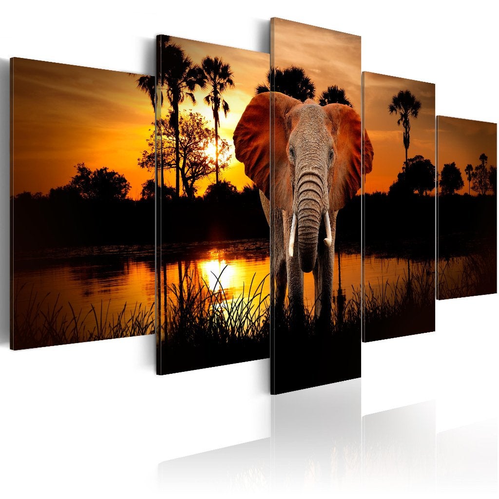 569 Afrika Olifant Natuur 5 Luik Canvas Schilderij 200x100cm, Nieuw, 125 cm of meer, Ophalen of Verzenden, Schilderij