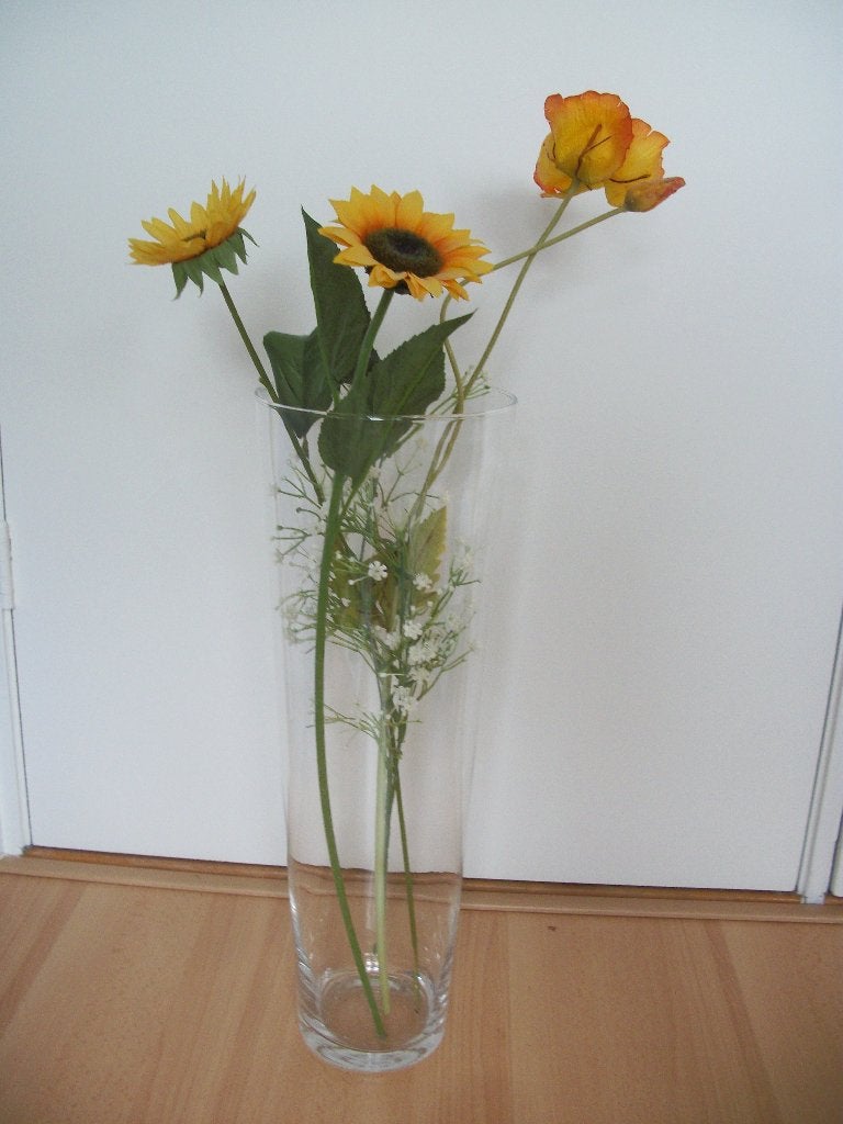 Grote Glazen Vaas met Zonnebloem, Papaver 70 cm hoog - zgan, Binnen, 70 cm, Kunstplant, Ophalen of Verzenden