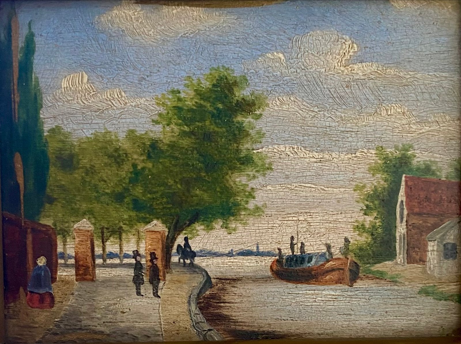 Miniatuur olieverfschilderij trekschuit, gesigneerd 'R', Ophalen of Verzenden, Gesigneerd, Olieverf, Klassiek