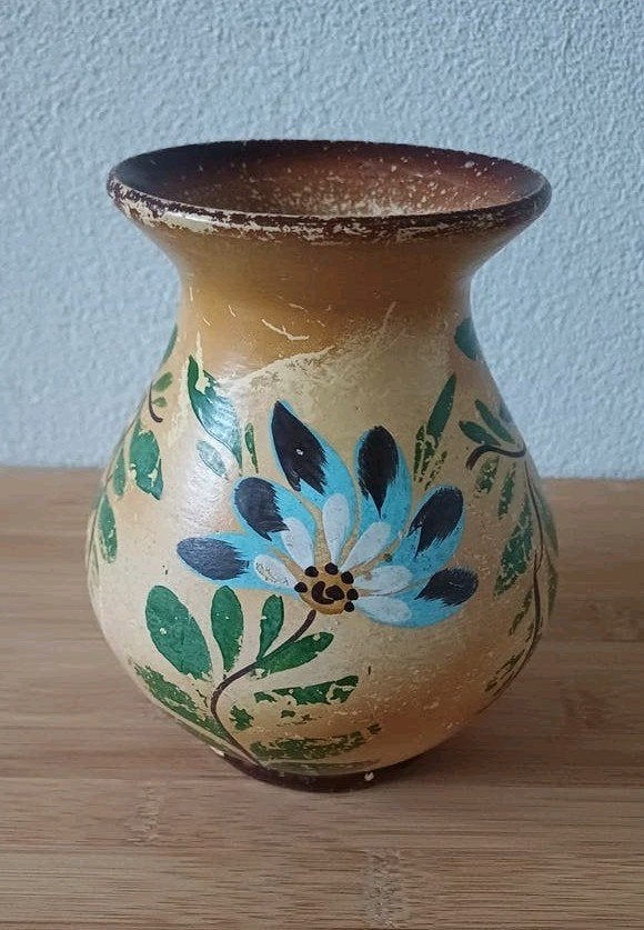 Vintage handgeschilderde vaas met bloemmotief/Tonalá Mexico, Ophalen of Verzenden