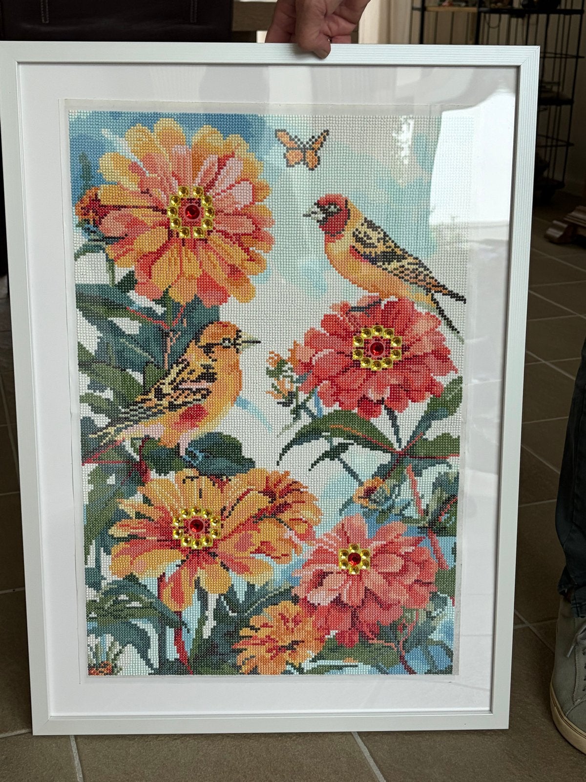 Prachtige Diamond Painting met Lijst - Vogels en Bloemen, Ophalen, Handgemaakt, Meerkleurig, Zo goed als nieuw